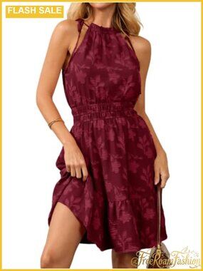 Womens Summer Halter Mini Dress Sleeveless Empire Waist Floral A-Line Beach